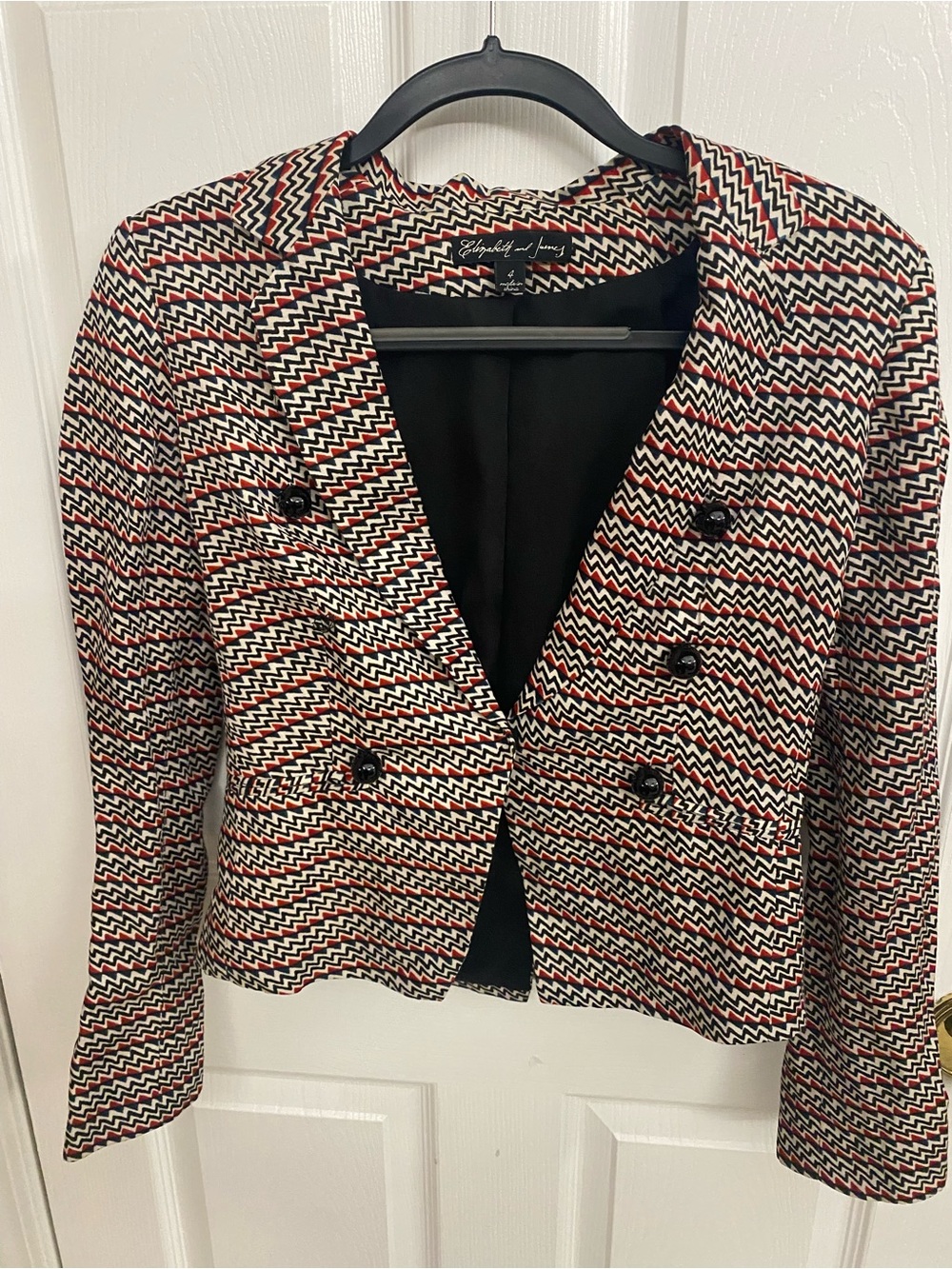 Elizabeth and James Black, White & Red Herringbone Cropped Blazer